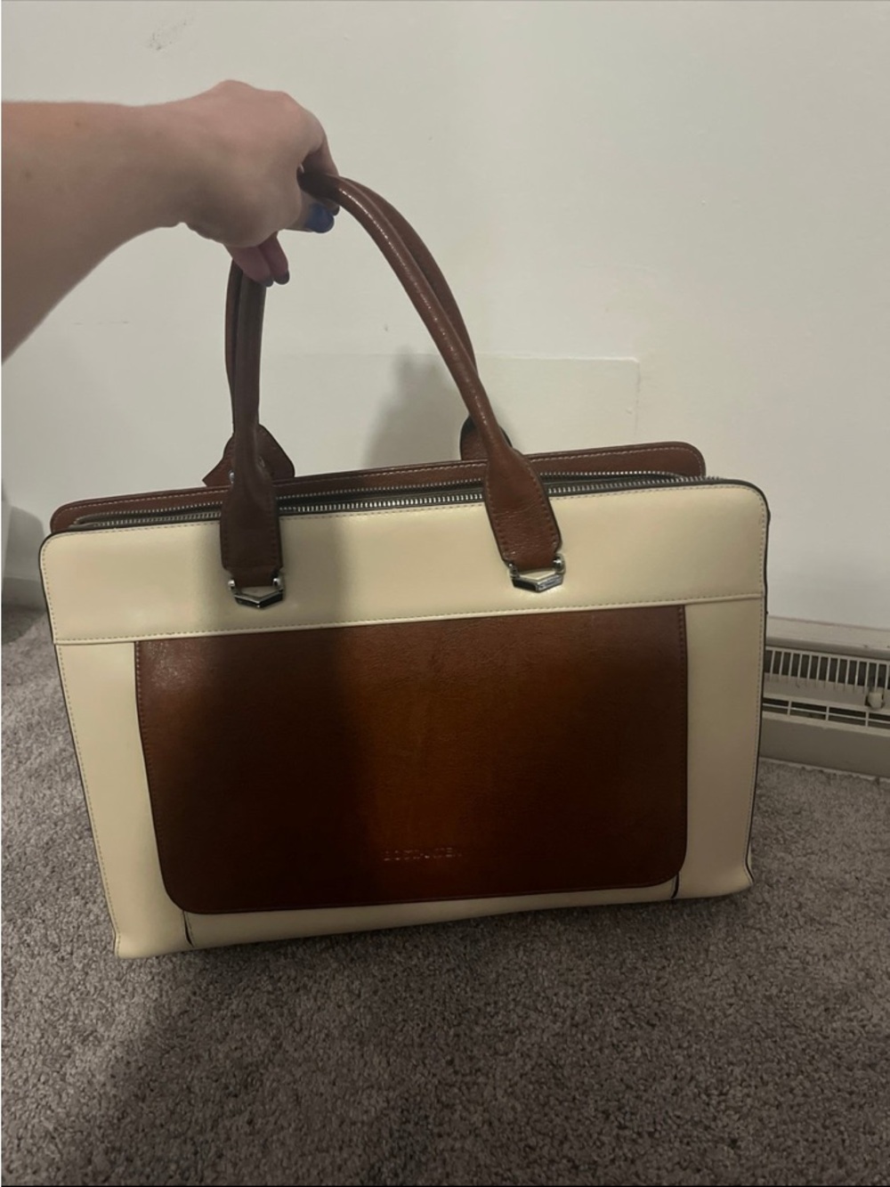Two-Tone Brown and Cream Leather Satchel